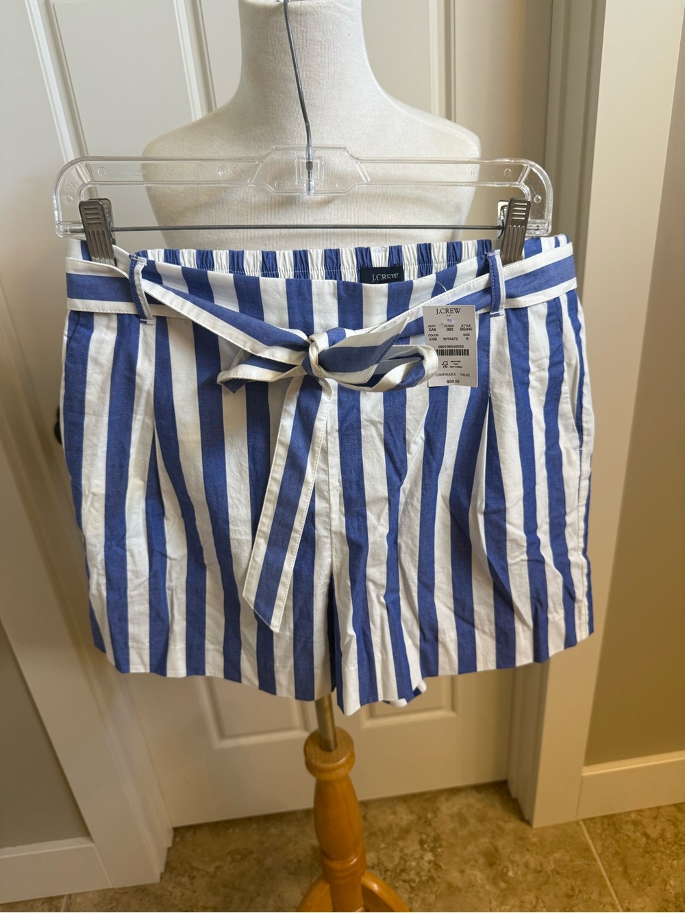 J. Crew Blue and White Vertical Stripe Tie-Waist High-Rise Shorts